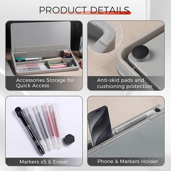 TOWON Small Compact Glass Desktop Whiteboard with Storage – 12 x 7 in Dry Erase Board for Desk, Home Office, School | Includes 5 Markers, Eraser & Holder | Space-Saving Organizer, Aesthetic Gray