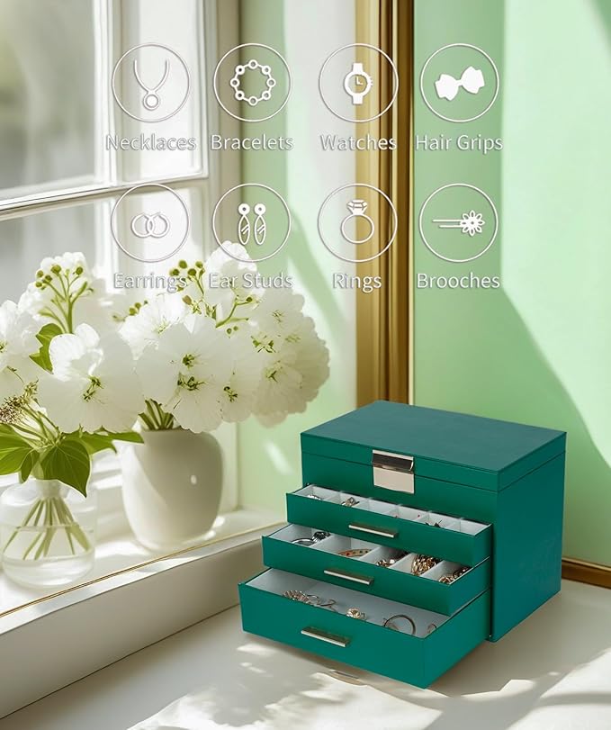 BOOVO Jewelry Boxes for Women, 5 Layer Jewelry Organizer with Necklace Hanger and Drawers, Large Jewelry Box for Earrings, Necklace and Bracelet Storage Gifts for Women and Girls (Green, 5 Layer)