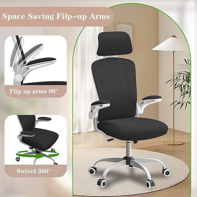 Ergonomic Mesh Office Chair for Long Hours & Back Pain Relief – Adjustable Lumbar Support & Headrest, High-Density Foam Cushion, Flip-Up Armrests, Perfect for Work & Study, White & Black