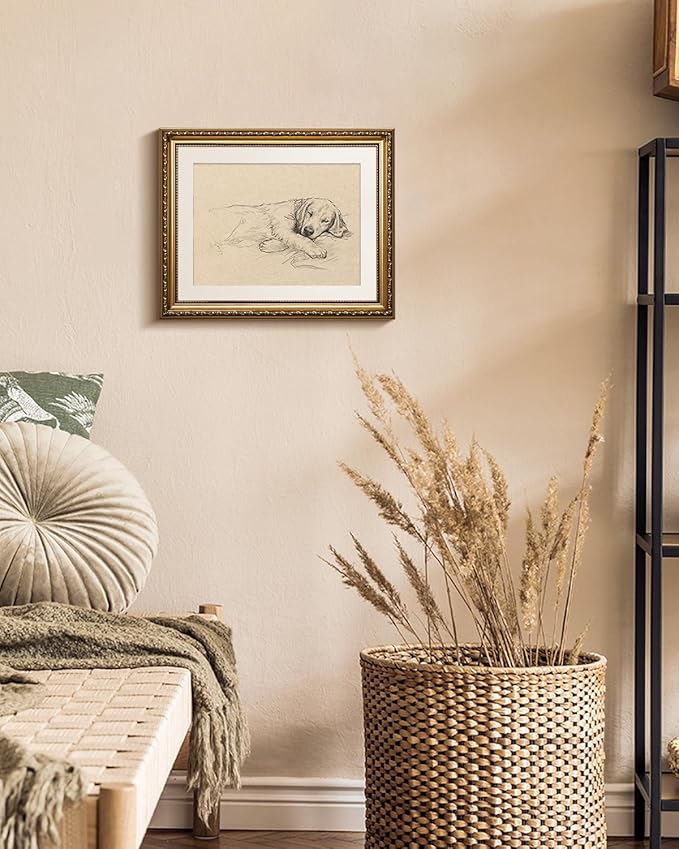 VIYYIEA Gold Framed Wall Art, Sleeping dog Canvas Print Home Decor Vintage Art Painting Picture Bathroom Wall Decor, Animals Artwork for Living Room Bedroom Kitchen Office - 16L x 13W