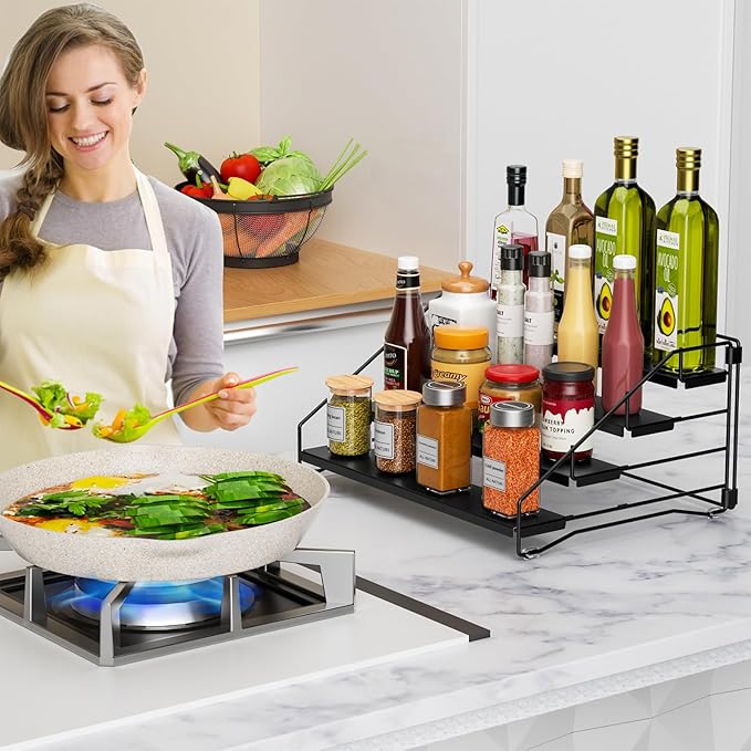 RCHYFEED Spice Rack Organizer for Cabinet Pantry,4 Tier Spice Rack Countertop, Depth Adjustable Spice Organization for Cabinet,Tierd Seasoning Organizer for Cabinet(Black, 1Pack)