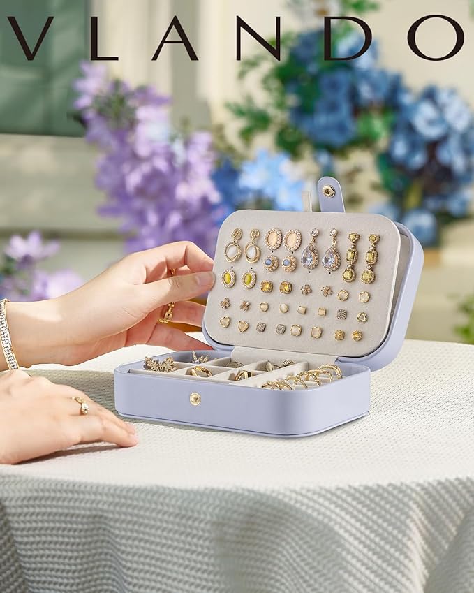 Vlando Travel Jewelry Case for Women Girls Mothers, PU Leather Portable Small Jewelry Box for Rings, Necklaces, Bracelets, Earring Holder Organizer Storage for Travel Gifts Bridesmaid Gifts - Purple