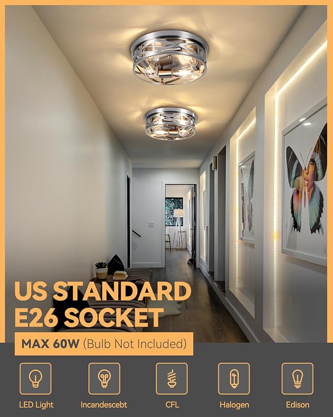 13 Inch Ceiling Light Fixtures, 4-Light Brushed Nickle Flush Mount Ceiling Light, Metal Cage Cross Modern Indoor House Close to Ceiling Lights for Kitchen Bedroom Foyer Hallway Office