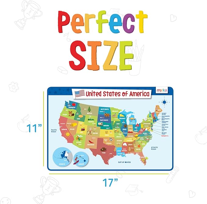 Merka Placemats for Kids, 4 Pack Educational Placemats for Dining Table, No-Slip, Washable, Reusable, Learning Solar System, Human Body Chart, World Geography, and USA Map