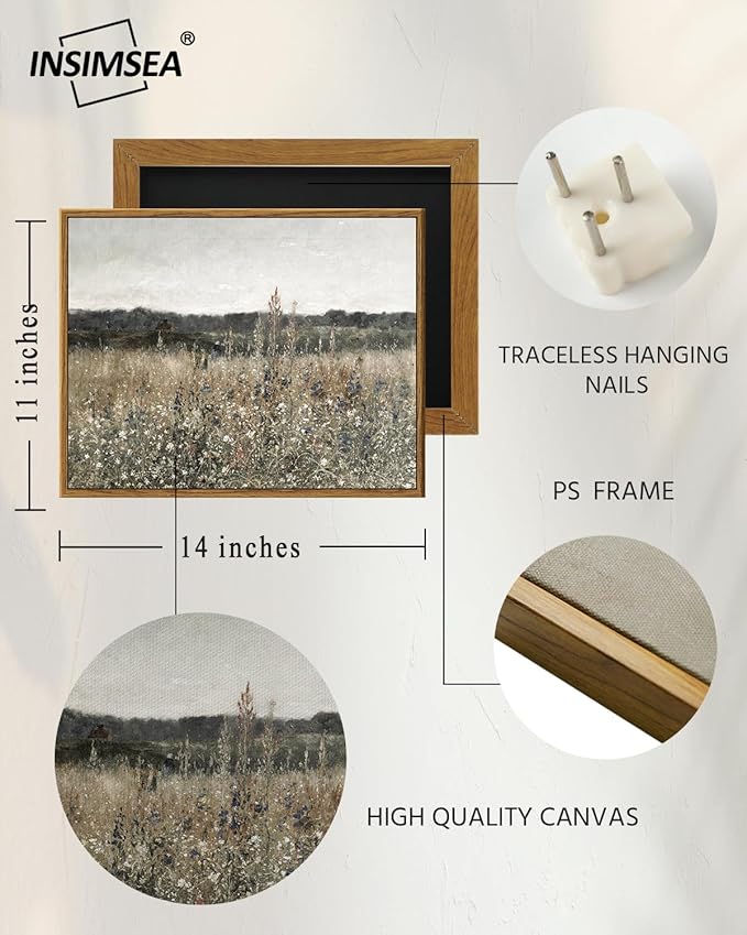 InSimSea Framed Canvas Wall Art Vintage Decor, Wildflower Field Canvas Wall Art Paintings Prints, Rustic Landscape Wall Decor for Bathroom Office, Office Dining Room Decor, 11"x14"