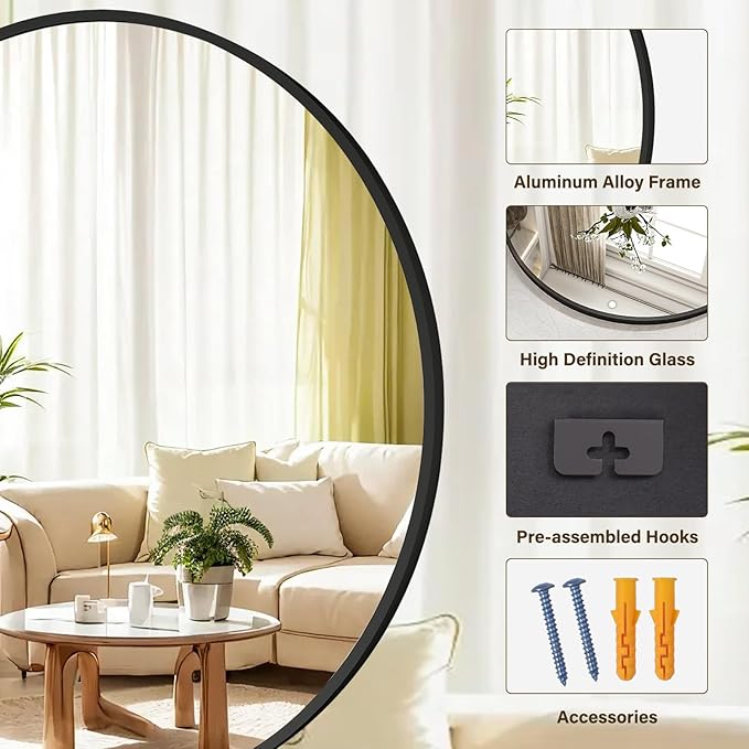 40 Inch Round Mirror - Circle Mirrors for Bathroom, Entryway and Living Room Wall Decor, Modern Hanging Vanity Mirror, Matte Black Circle Decorative Wall Mirror