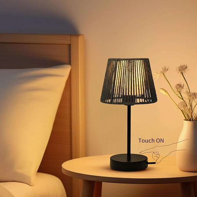 Touch Boho Lamp Dimmable, 3-Way Bedside Table Lamp 14.2", Rope Light for Bedroom Nightstand Farmhouse, Bulb Included, 2 Packs (Black)