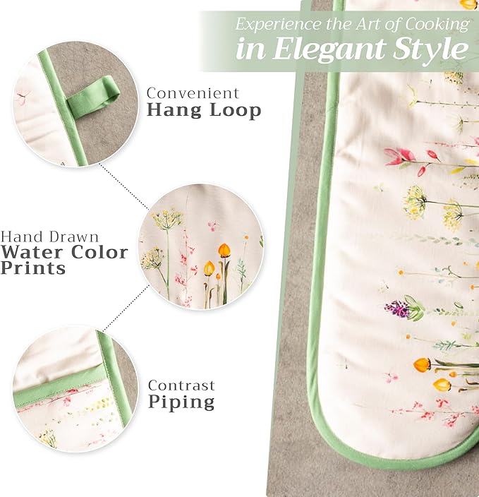 Maison d' Hermine Double Oven Mitts 100% Cotton 7"x35" Double Oven Mitt Heat Resistant BBQ Cooking Gloves with Loop, Baking, Grilling, Home, Kitchen, Handling Hot Pans Spring Summer (Botanical Fresh)