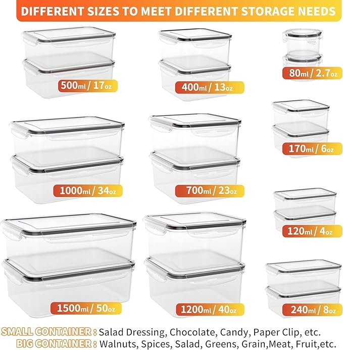 44 PCS Plastic Food Storage Containers with Lids Airtight, BPA-Free Leakproof Meal Prep Containers Reusable,Microwave & Dishwasher & Freezer Safe,Includes Labels & Pen