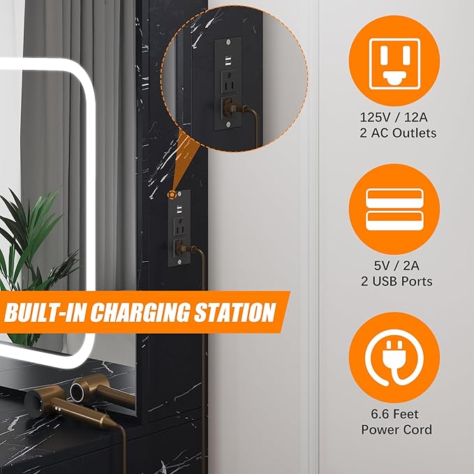 Vanity Desk With Sliding Mirror and LED Light, Makeup Vanity Set With Power Outlet, 3 Color Adjustable Light, Dressing Table With 4 Drawers, Storage Shelve & Stool for Bedroom, Marble-Black & White