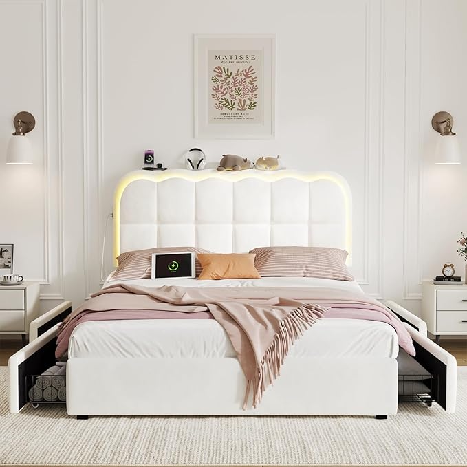 Full Size Bed Frame with 4 Storage Drawers and LED, Adjustable Clouds Headborad, Velvet Upholstered Platform Full Bed Frame with Charing Station, Wood Slats Support, No Box Spring Needed,White