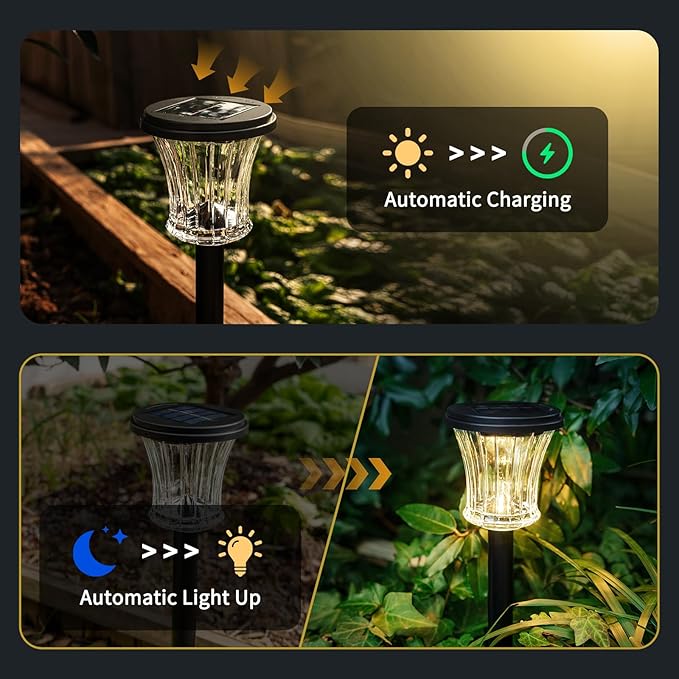 Glass Solar Pathway Lights Outdoor Waterproof, Decor Landscape Lighting with Modular Design, 3000K LED, Auto On/Off Solar Stake Light for Yard Garden Driveway Walkway Lawn, Warm White (3 Pack)