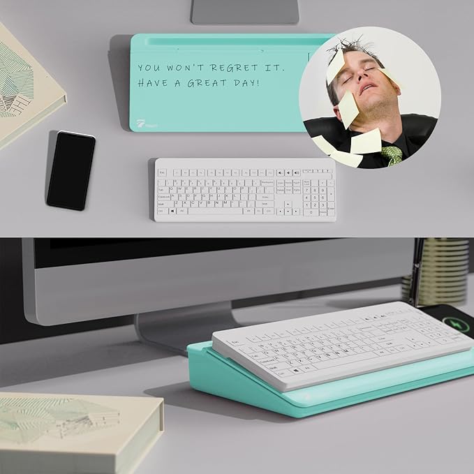 TOWON Desktop Glass Whiteboard with Charger Pad, Whiteboard for Desk with Charging Station, Desk Buddy Dry Erase with Charger for Home Office, Dry Erase Computer Desk Notepad, Teal Blue, 17 x 6 Inches