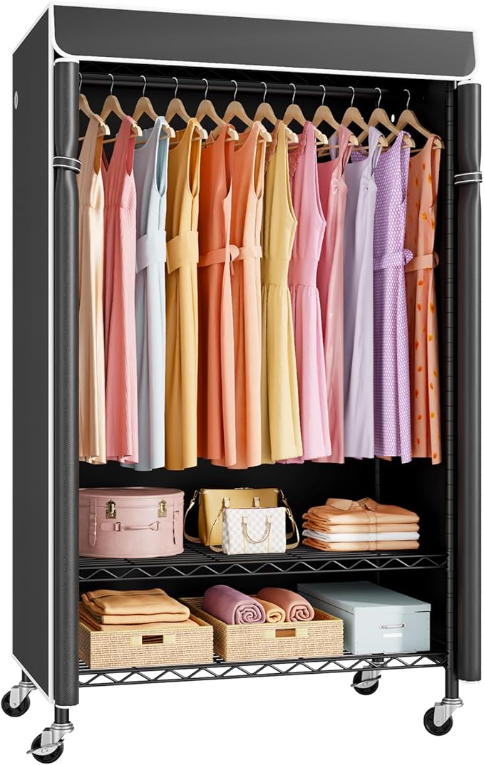 P6C Rolling Clothes Rack with Cover, Covered Clothing Racks Heavy Duty, Portable Closet for Hanging Clothes, Garment Racks on Wheels, Black Closet Rack with Black Cover, Max Load 365LBS