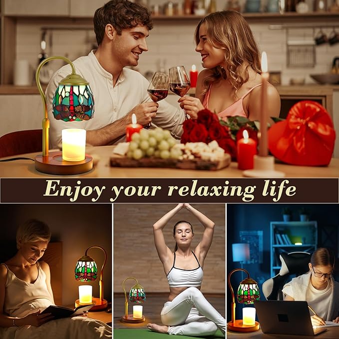 Candle Warmer Lamp with Timer Dimmer, Adjustable Height Candle Warmer for Jar Candles, Birthday Gifts for Women New Home Bedroom Decor Tiffany Dragonfly Style Stained Glass with 2 Bulbs