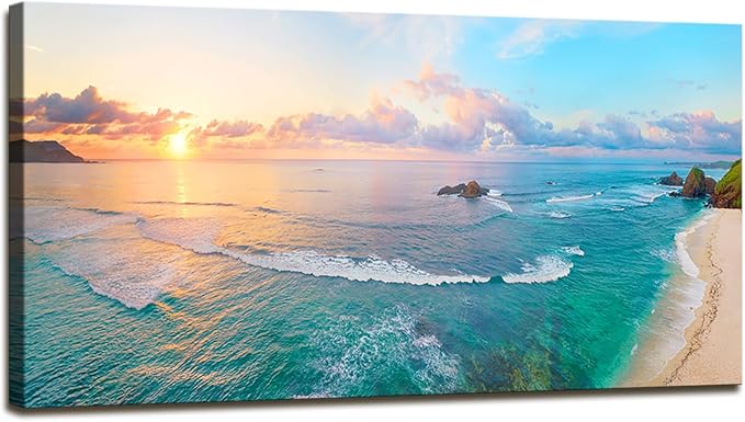 XXMWallArt FC3962 Tropical Beach Wall Art Blue Sea Sunset Natural Scenery Picture Print On Canvas Seascape Canvas Print Artwork for Living Room Bedroom Kitchen Home and Office Wall Decor
