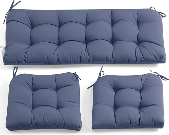 ADLIVWYD 3-Pieces Wicker Chair Cushion Set, 1 loveseat and 2 U-Shape, 44"x19" &19"x19" Tufted Outdoor Cushions for Indoor/Outdoor Patio Furniture, (Navy Blue)