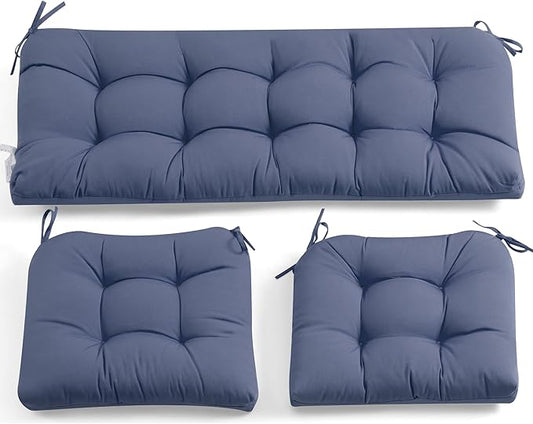 ADLIVWYD 3-Pieces Wicker Chair Cushion Set, 1 loveseat and 2 U-Shape, 44"x19" &19"x19" Tufted Outdoor Cushions for Indoor/Outdoor Patio Furniture, (Navy Blue)
