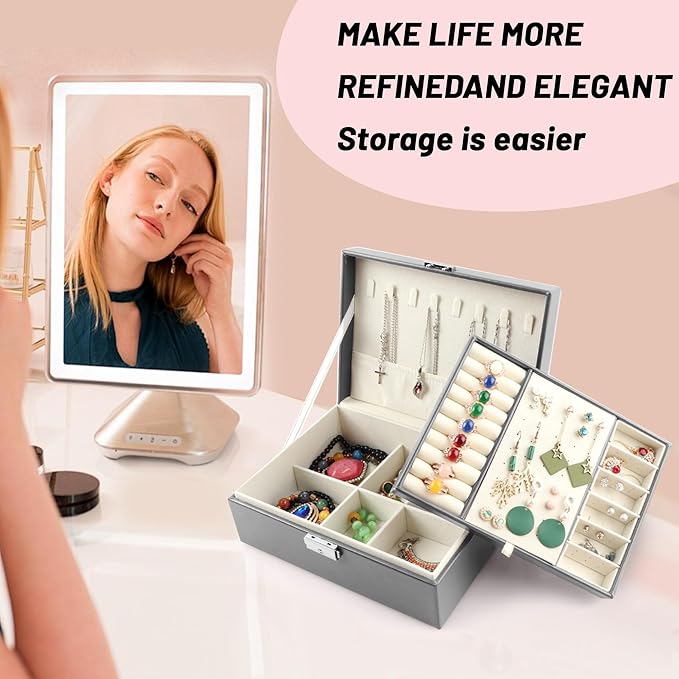 Homeanda Jewelry box 2 layer Jewelry box Leather Jewelry boxes for Women Girls Teens Jewelry organizer box Jewelry Storage box with lock(Grey)