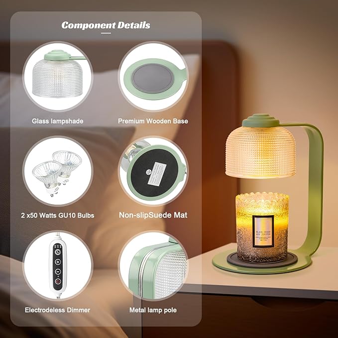 Candle Warmer Lamp with Clear Glass Globe and Timer & Dimmable Light - Jar Candle Melter Green Minimalist Metal Frame, Home Decor Gift Set (Includes 2 Bulbs)