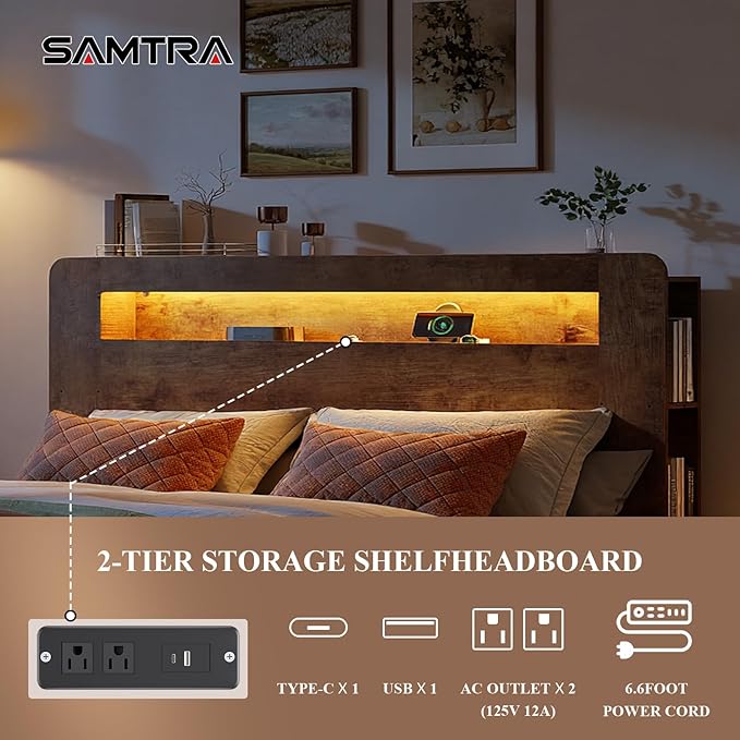 Wooden Bed Frame Queen Size with Headboard, Farmhouse Platform Bedframe with Metal Slat Support, Sturdy Framework Bed Frame, Easy Assembly (Rustic Brown LED)