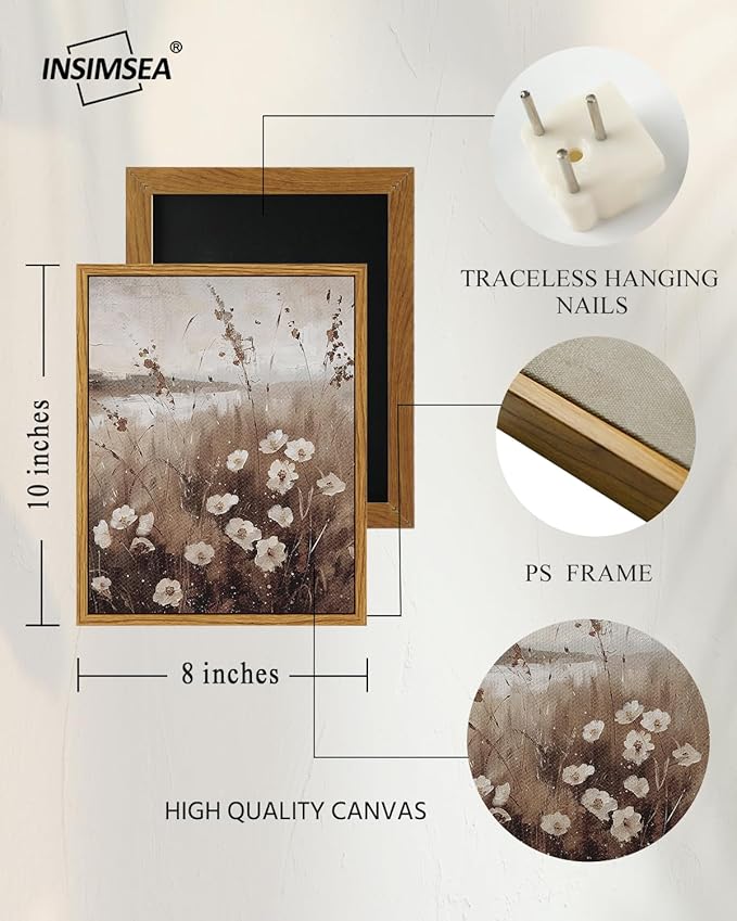 InSimSea Framed Wall Art for Living Room Landscape Canvas Wall Decor Meadow with Flowers Vintage Paintings Classical Wildflower Field Scene Boho Floral Pictures Decor Gifts for Bathroom Bedroom 8x10in