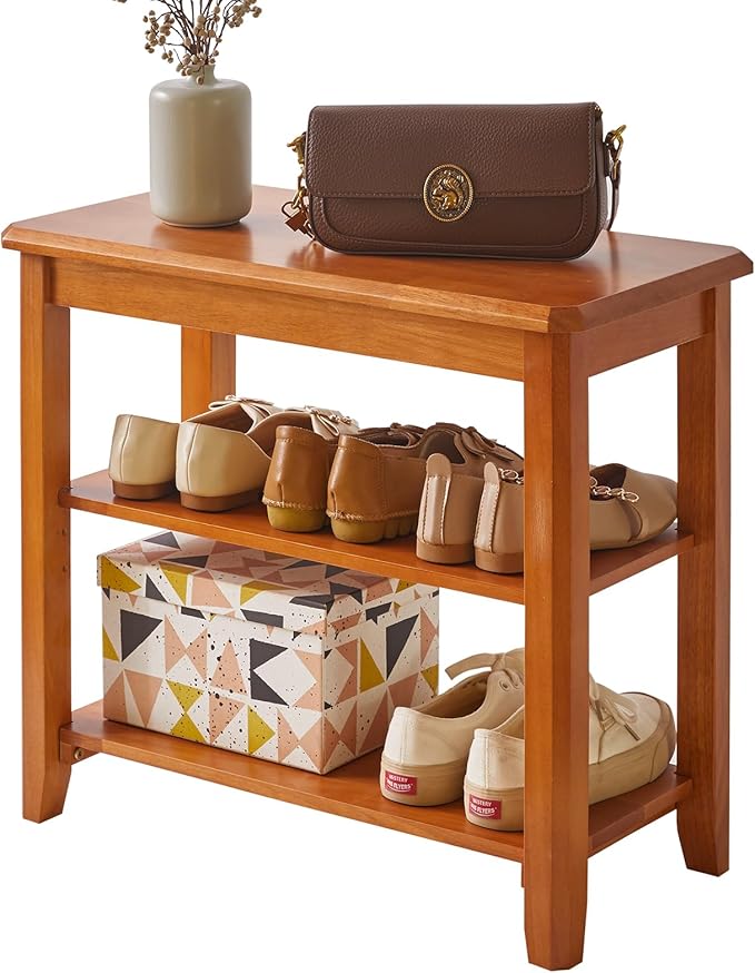 Wood Shoe Bench, 3 Tiers Shoe Storage Bench Height Adjustable, Entryway Bench for Hallway, Cherry Wood YD-WD05N