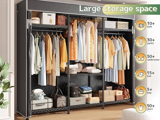 Raybee Heavy Duty Clothes Rack with Cover 800 LBS Clothing Racks for Hanging Clothes for Bedroom 56" Wx 16" Dx75.5 H