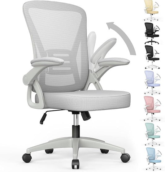 naspaluro Ergonomic Office Chair, Mid Back Desk Chairs with Adjustable Height, Swivel Chair with Flip-Up Arms and Lumbar Support, Breathable Mesh Computer Chair for Home/Study/Working, Grey