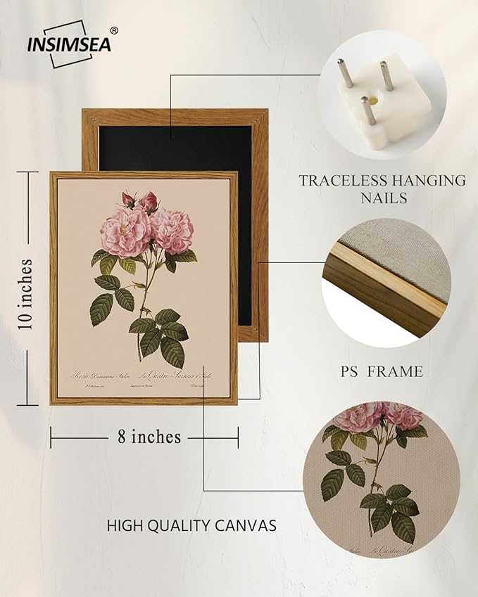 InSimSea Framed Wall Art for Living Room Vintage Rose Flower Paingtings Pictures Wall Decor Aesthetic Floral Art Canvas Print Farm Still Life Artwork Home Decor for Bathrrom Bedroom Shelf Décor 8x10In