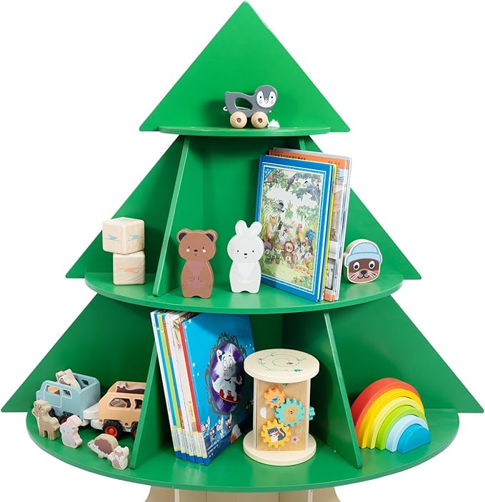 WOOD CITY Kids Bookshelf and Toy Storage Organizer, 2 in 1 Solid Wooden Children Tree Bookcase and Toy Shelf Toddler Storage Display Bookshelf for Kids Room Playroom Bedroom Study Easy Assembly