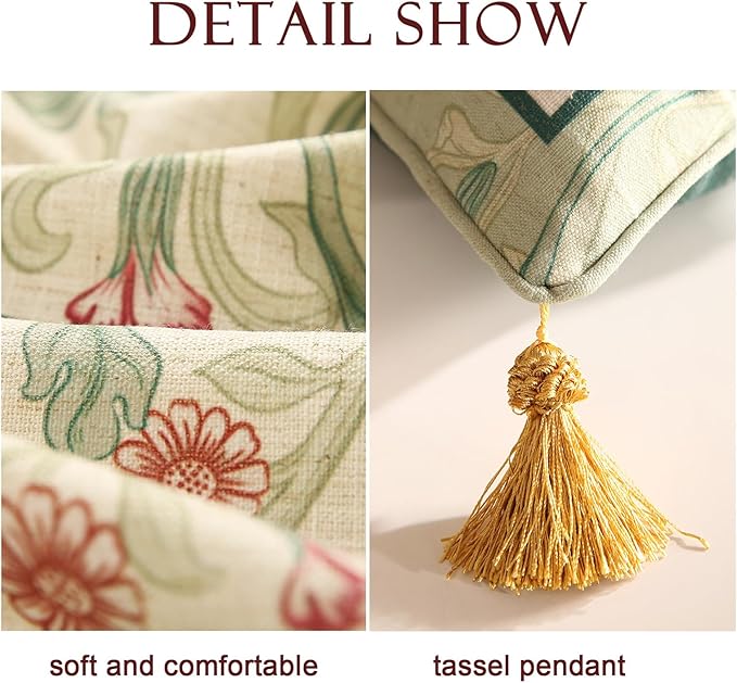 patdrea Designer Pack of 2 Rectangle Throw Pillow Covers,French Vintage Rustic Linen with Green Floral Pattern Pillows Cover,Decorative Lumbar Pillowcases Cushion for Bed Living Room,12"x20"