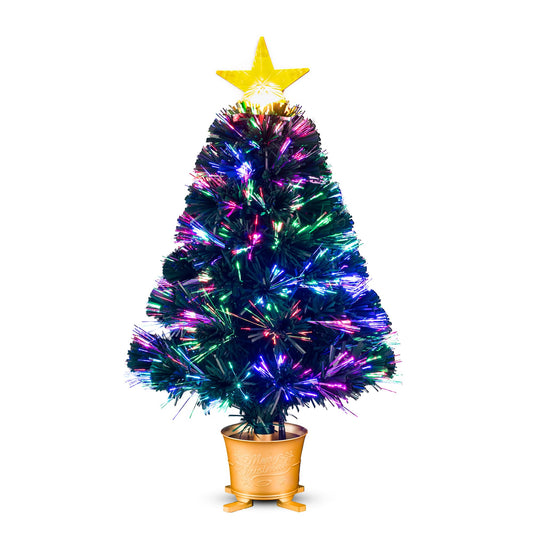 YUETJIN 24inch Pre-lit Mini Fiber Optic Tabletop Artificial Christmas Tree，Small Xmas Tree with Stars Decorations-Gold