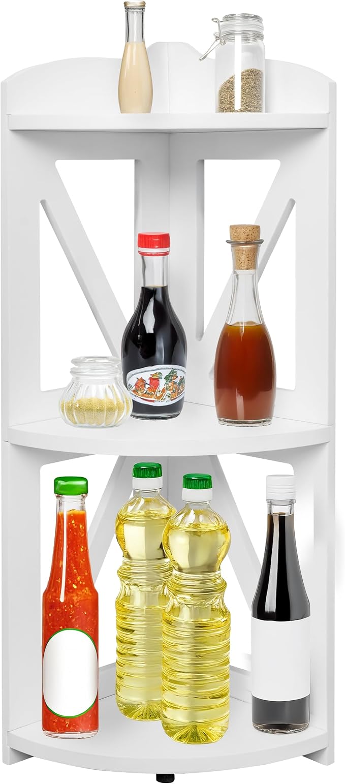 Corner Shelf Stand, Corner Bookshelf, Small Corner Shelves by Natural Wood, Plant Stand, Corner Bookcase for Living Room, Home Office, Bedroom, (White, 3 Tier)