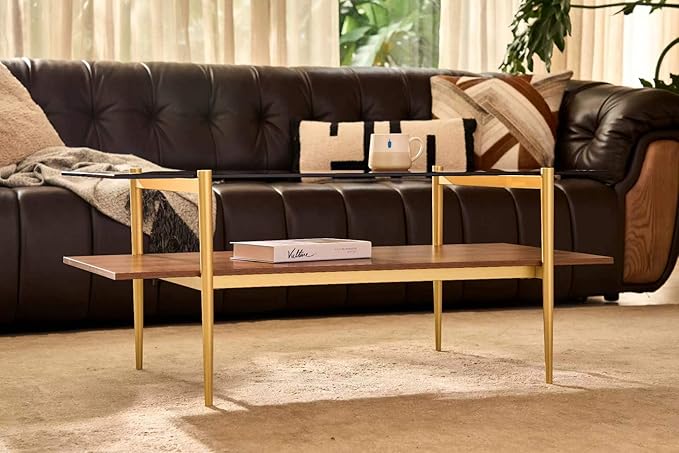 Shrine Rectangle Coffee Table, Mid-Century Modern Design, 2-Tier Structure, Amber Glass Top and Walnut MDF Shelf, 41" D x 21" W x 17" H, Sleek Conical Metal Legs with Gold Finish
