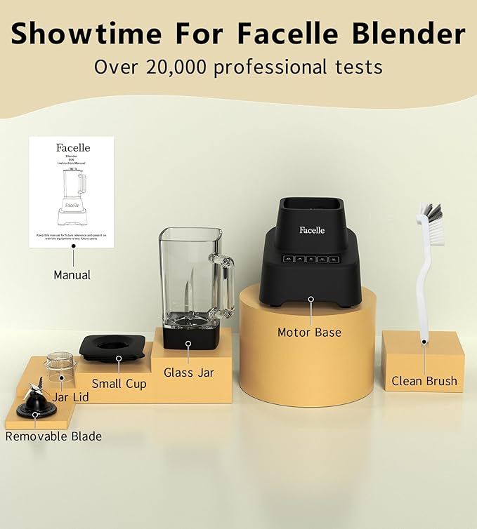 Smoothie Blender, Facelle Countertop Blender for Kitchen, 55 oz Glass blender for smoothies and Shakes, Licuadora, Smoothie maker with touchscreen 3+P Speeds, Cleaning brush ＆ removable SS304 blade