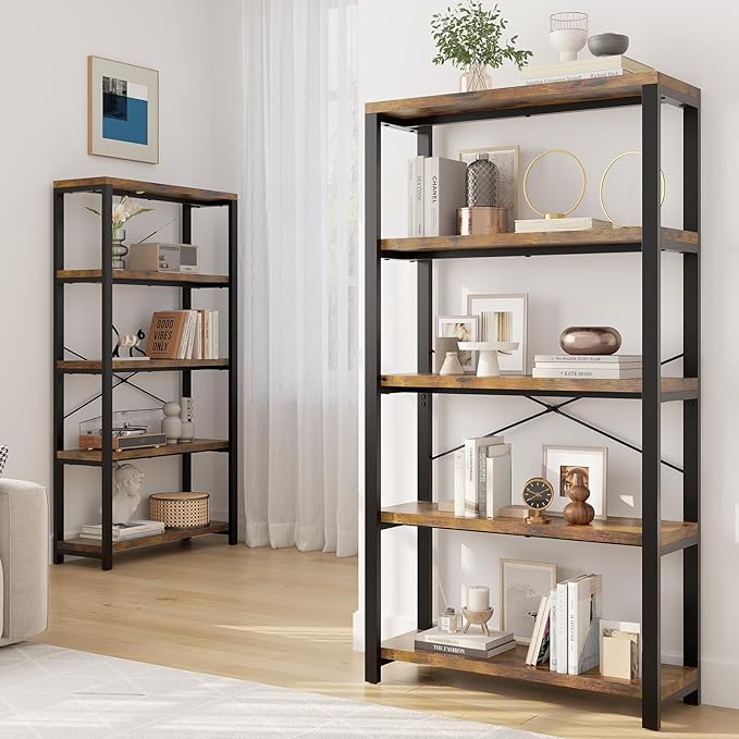5-Tier Adjustable Heavy Duty Bookshelf, Industrial Wooden Open Storage Rack with Black Metal Frame, Vintage Bookcase with Lock Wall Design, Rustic Brown