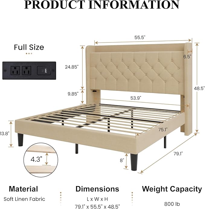 SHA CERLIN Full Size Platform Bed Frame with Charging Station, Velvet Wingback Headboard with Storage Shelf, Wooden Slats Support, Ample Under-Bed Space, No Box Spring Needed, Easy Assembly, Beige