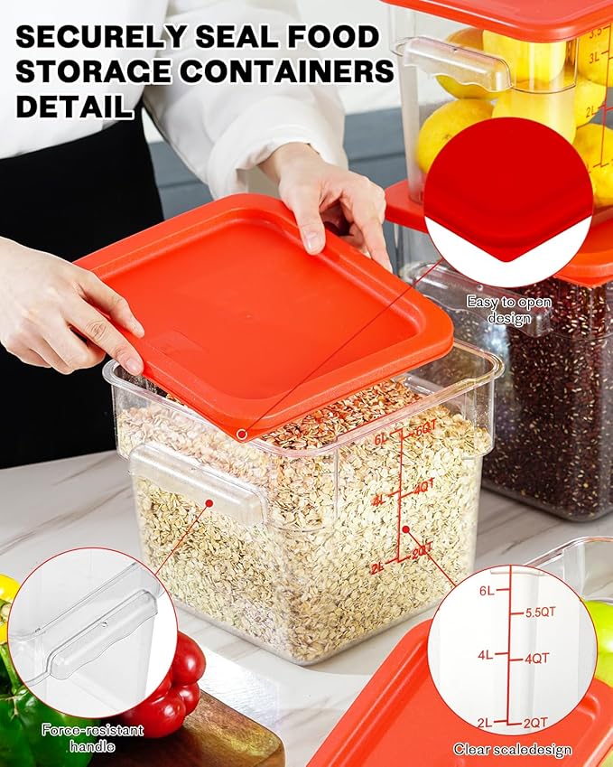 2QT NSF Food Storage Containers: 6 PCS [Food Grade][Hot&Cold Resistant] Commercial Clear Square Food Storage Containers with Scales Handles for Home Restaurant Kitchen Proof Dough(BPA FREE)