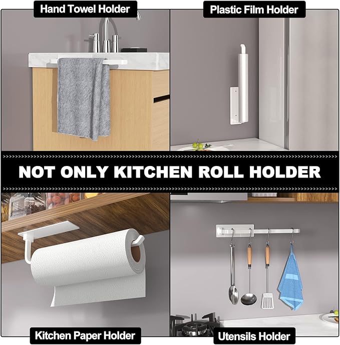 Paper Towel Holder - Self-Adhesive or Drilling, White, Upgraded Aluminum Kitchen Roll Dispenser Under Cabinet, Lighter but Stronger Than Stainless Steel!