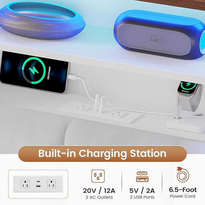AOGLLATI Twin Bed Frame with 4 Storage Drawers & Charging Station & LED Lights, Twin Bed Frames with Stylish Bookcase Headboard, Led Bed Frame with Metal Slats, No Box Spring Needed,White