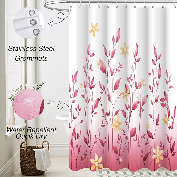 Eucalyptus Shower Curtain, Ombre Floral Leaves Plant Washable Fabric Bath Decor with 12 Hooks 72x72 inches, Pink