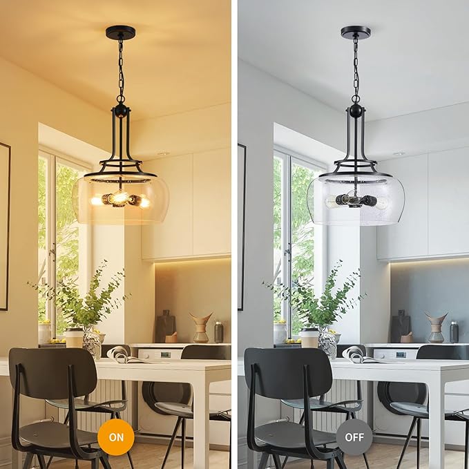 WUZUPS Chandelier Rustic Farmhouse Industrial Round Ceiling Pendant LED Light Fixture Clear Seeded Glass Shade for Dining Room Kitchen Island Foyer Entryway, H 20.9" x W 15.9", Black