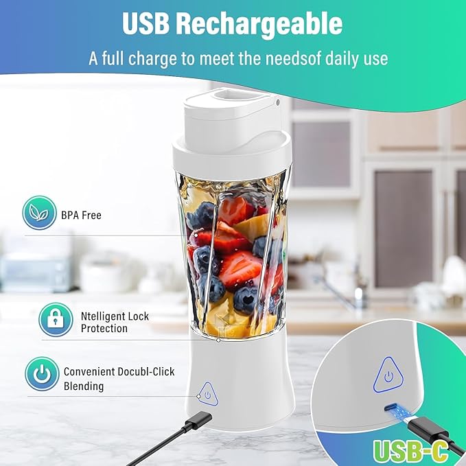 Portable Blender, 360W Personal Blender for Shakes and Smoothies for Kitchen, 24 Oz BPA Free Traveling Juicer Cup and Lid with 6 Blades, Self Cleaning Portable Juicer for Kitchen/Travel/Gym, White