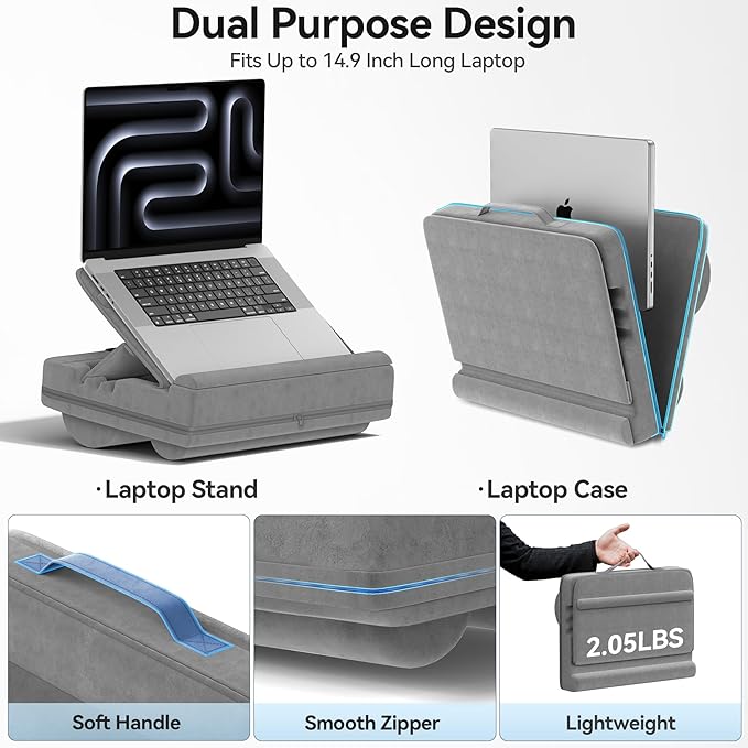 Laptop Lap Desk with Cushion, Adjustable Lap Desk Pillow with Storage, Portable Lap Table for Adults Student, Laptop Stand for Bed Office College Dorm Home Room Couch, Fits Up to 14.9" PC Tablet, Gray