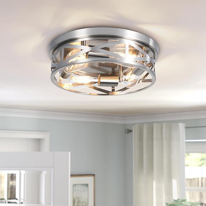 13 Inch Ceiling Light Fixtures, 4-Light Brushed Nickle Flush Mount Ceiling Light, Metal Cage Cross Modern Indoor House Close to Ceiling Lights for Kitchen Bedroom Foyer Hallway Office