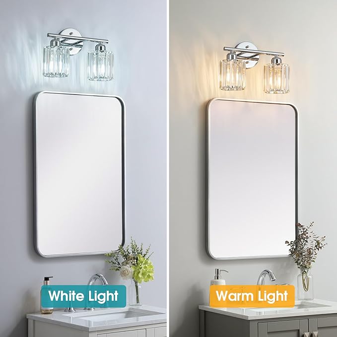 Modern 2 Light Crystal Vanity Light, Chrome Vertical Bathroom Light Fixture Over Mirror for Dressing Table Sink, Compatible with Dimmable Bulbs (Bulbs Not Included)