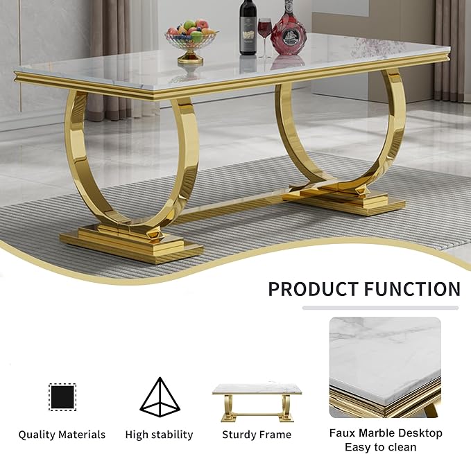 5 Piece Marble Dining Table Set for 4, Luxury White Marble Gold Kitchen Table with 4 Blue Velvet Upholstered Chairs, Modern 4 Person Dining Room Table Set for Kicken Dining Office Room