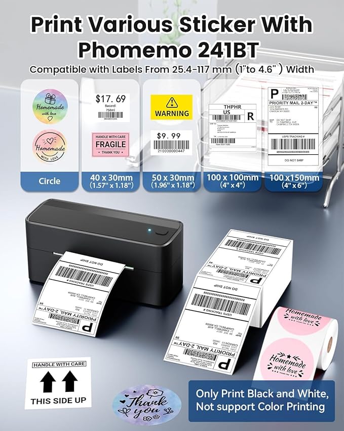 Phomemo Shipping Label Printer, 241BT 4X6 Wireless Thermal Label Printer for Small Business, Labels Printers for Shipping Package, Compatible with iPhone, Android, Amazon, Shopify, UPS, Black