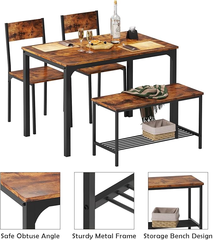 soges 4 Person Dining Table Set, 43.3inch Kitchen Table Set for 4, Dining Room 2 Chairs with Backrest, 2-Person Bench with Storage Rack, Vintage Brown